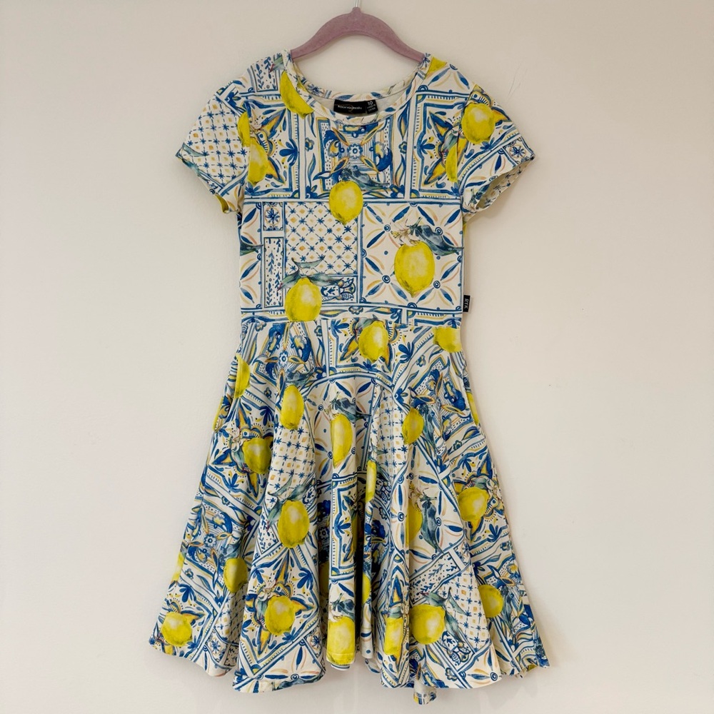 Australian Rock Your Kid Tuscan Lemon and Delft Blue Tile Print Dress Sz 10